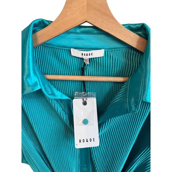 Ro & De Teal Collared Button-Up Pleated Mini Shirt Dress Women's Size L - Picture 2 of 4
